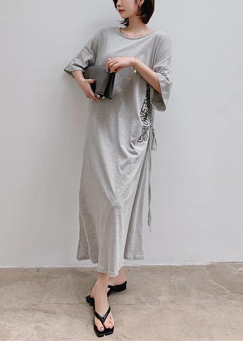 Gray Letter Outfit O Neck Drawstring Robe Dress