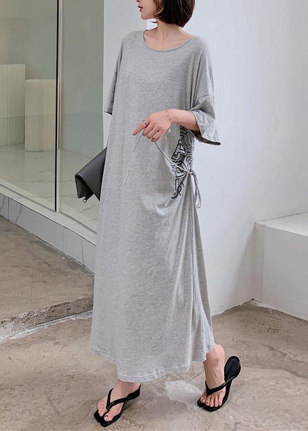 Gray Letter Outfit O Neck Drawstring Robe Dress