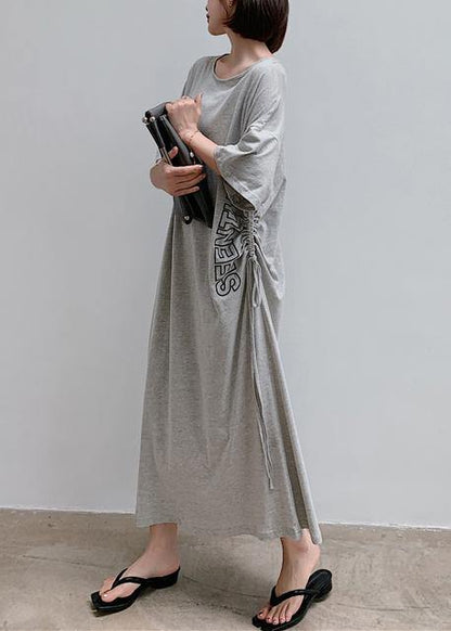 Gray Letter Outfit O Neck Drawstring Robe Dress