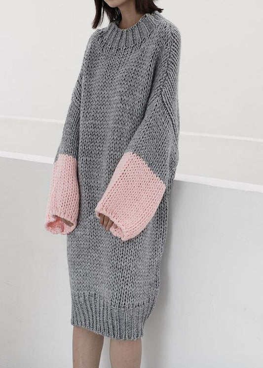 Gray Sweater Knit Top Pattern Upcycle O Neck Batwing Sleeve Knit Dress