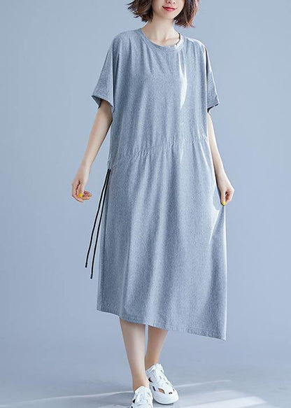 Gray Asymmetric Hem Cotton Box Dress Gifts Drawstring Waist Summer Dresses