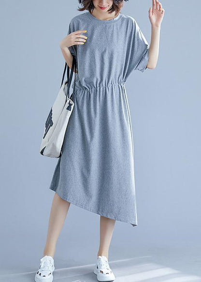 Gray Asymmetric Hem Cotton Box Dress Gifts Drawstring Waist Summer Dresses