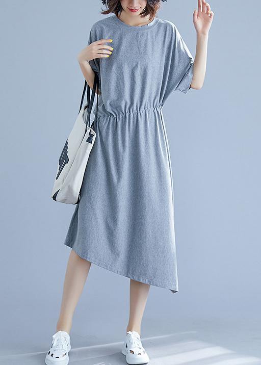 Gray Asymmetric Hem Cotton Box Dress Gifts Drawstring Waist Summer Dresses
