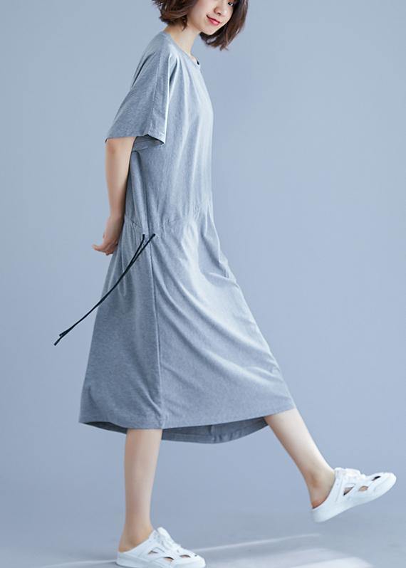 Gray Asymmetric Hem Cotton Box Dress Gifts Drawstring Waist Summer Dresses