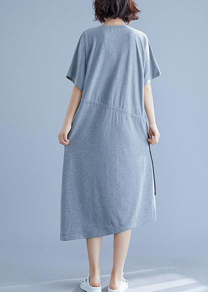 Gray Asymmetric Hem Cotton Box Dress Gifts Drawstring Waist Summer Dresses