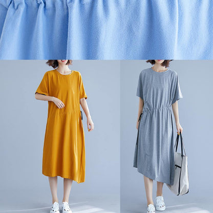 Gray Asymmetric Hem Cotton Box Dress Gifts Drawstring Waist Summer Dresses