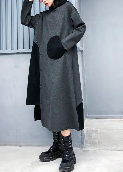 Gray Cotton Quilting Clothes Hooded Patchwork Loose Fall Dress