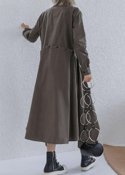 Gray Green Cotton 0lapel Collar Baggy Asymmetric Dresses