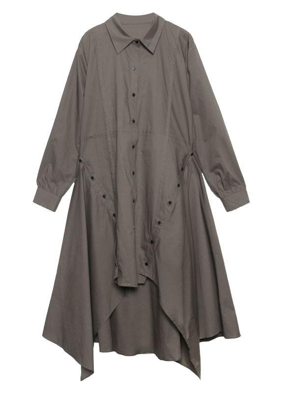 Gray Green Cotton 0lapel Collar Baggy Asymmetric Dresses