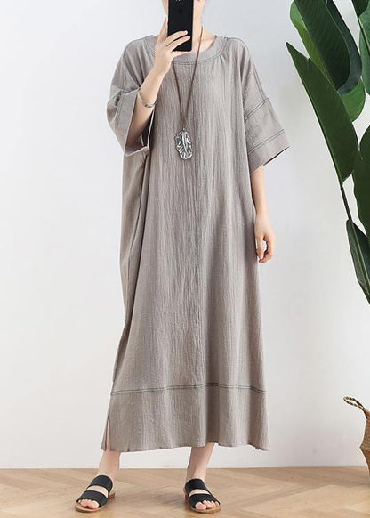 Gray Linen Clothes O Neck Baggy Dresses Summer Dresses