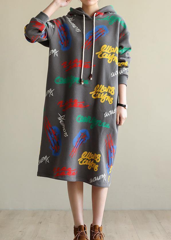 Gray Prints Cotton Tunic Warm Robe Hooded Dress