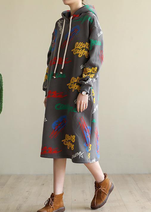 Gray Prints Cotton Tunic Warm Robe Hooded Dress