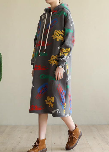 Gray Prints Cotton Tunic Warm Robe Hooded Dress