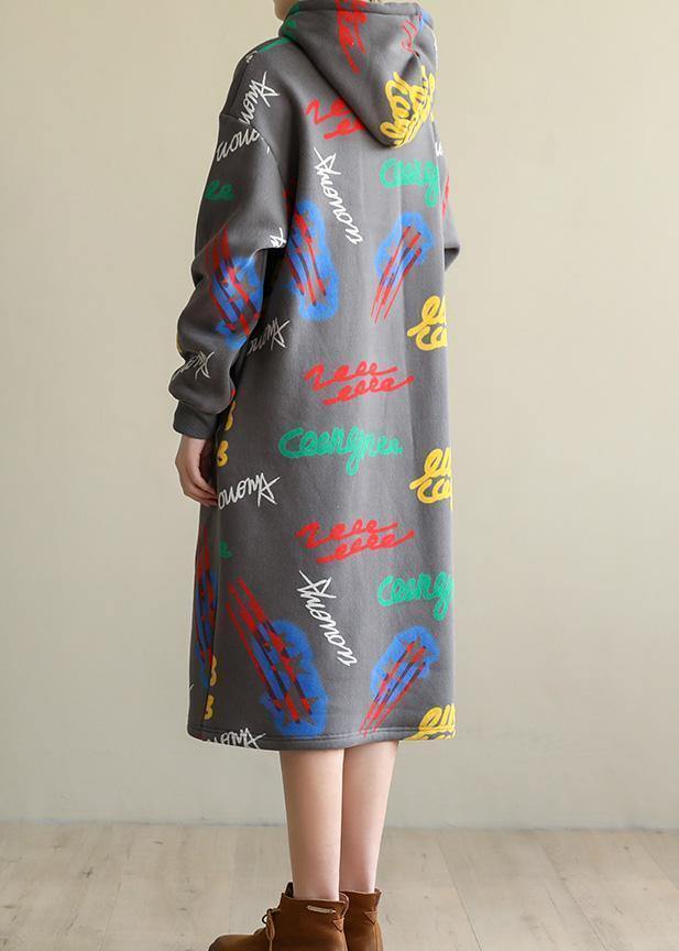Gray Prints Cotton Tunic Warm Robe Hooded Dress