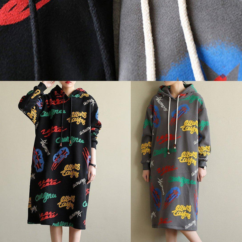 Gray Prints Cotton Tunic Warm Robe Hooded Dress