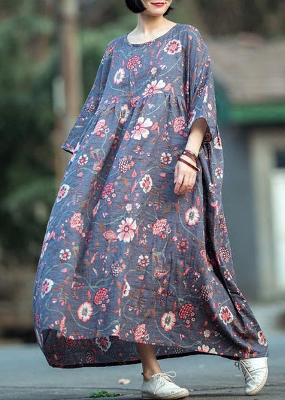 Gray Purple Print Cotton Linen Quilting Clothes O Neck Large Hem Long Spring Dress