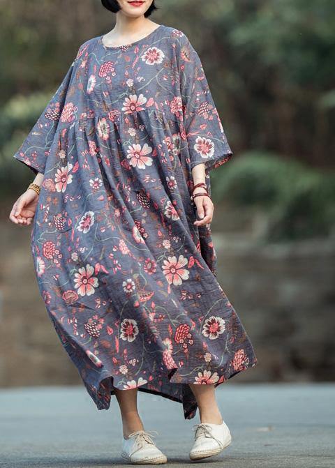 Gray Purple Print Cotton Linen Quilting Clothes O Neck Large Hem Long Spring Dress