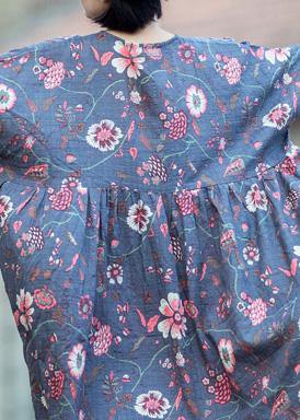 Gray Purple Print Cotton Linen Quilting Clothes O Neck Large Hem Long Spring Dress