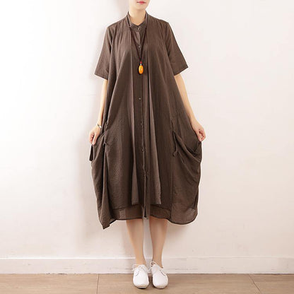 Gray Striped Cotton Soft Surroundings Stand Collar Pockets Clothing V Neck Dress