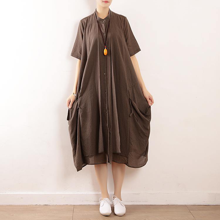 Gray Striped Cotton Soft Surroundings Stand Collar Pockets Clothing V Neck Dress