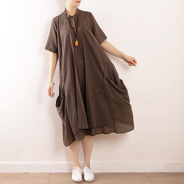Gray Striped Cotton Soft Surroundings Stand Collar Pockets Clothing V Neck Dress