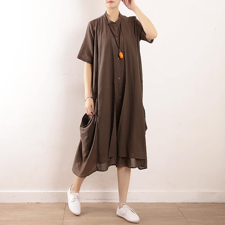 Gray Striped Cotton Soft Surroundings Stand Collar Pockets Clothing V Neck Dress