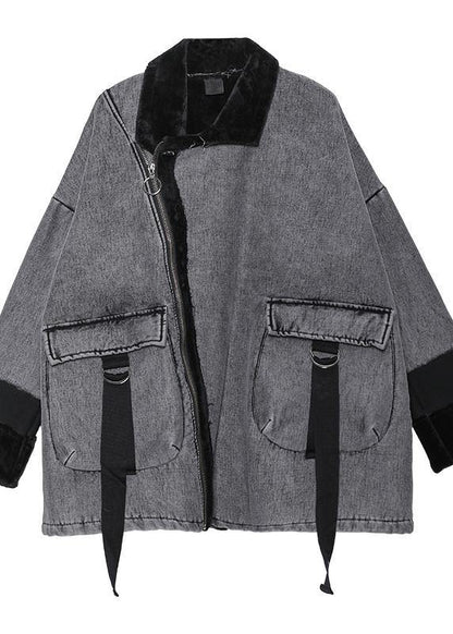 Gray Thick Fine Clothes for Sleeve Zippered Big Pockets Jackets