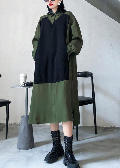 Green Cotton Tunics Lapel Patchwork Dresses