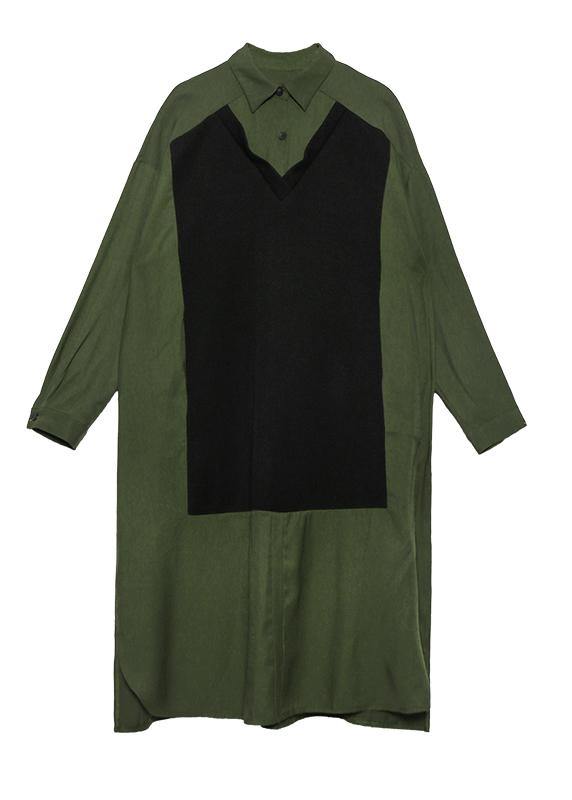 Green Cotton Tunics Lapel Patchwork Dresses