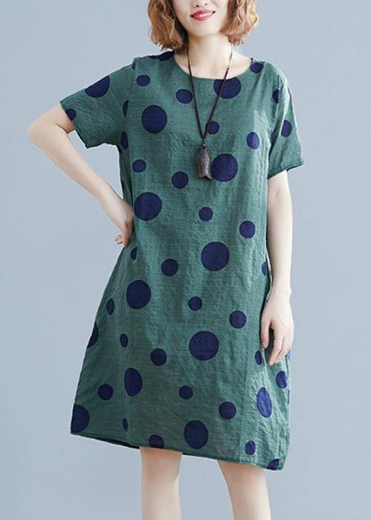 Green Dotted Cotton Tunic O Neck Pockets Loose Dress