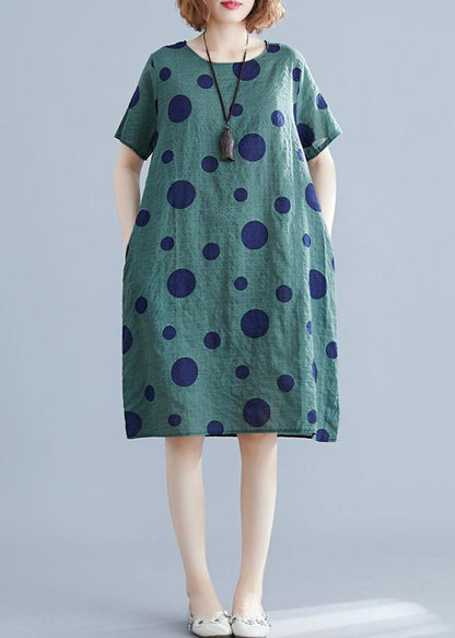 Green Dotted Cotton Tunic O Neck Pockets Loose Dress