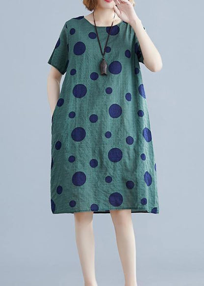 Green Dotted Cotton Tunic O Neck Pockets Loose Dress