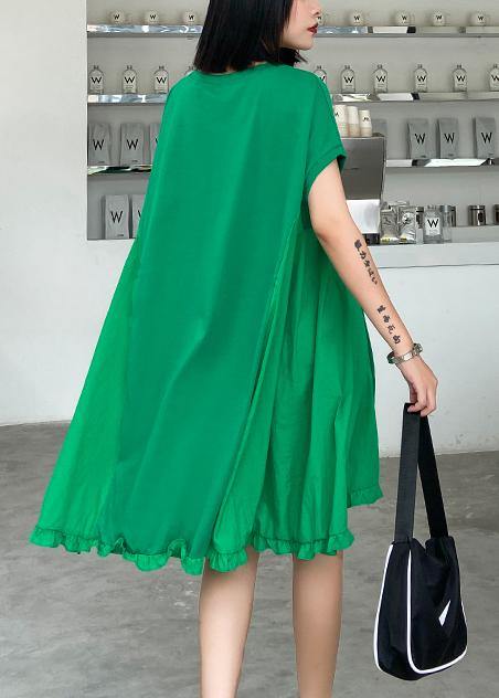 Green Embroidery Cotton Tunics O Neck Midi Summer Dress