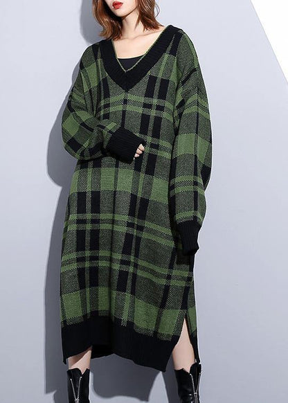 Green Plaid Cotton Long Shirts Side Open Daily V Neck Dress