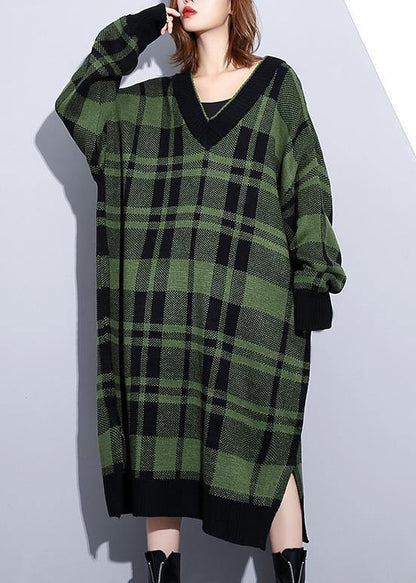 Green Plaid Cotton Long Shirts Side Open Daily V Neck Dress