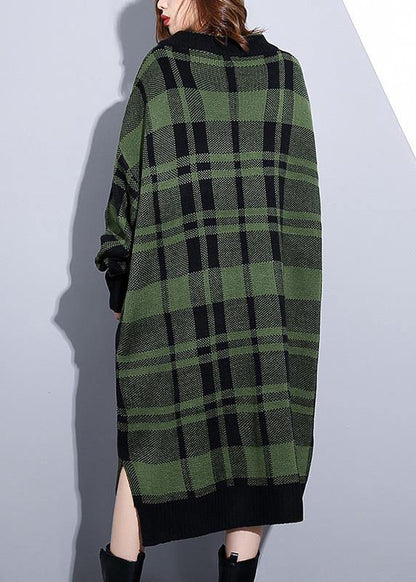 Green Plaid Cotton Long Shirts Side Open Daily V Neck Dress