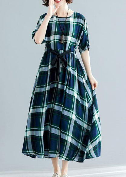 Green Plaid Cotton Tunics Tie Waist Cotton Robes Summer Dress