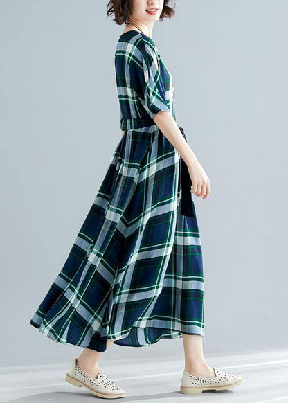 Green Plaid Cotton Tunics Tie Waist Cotton Robes Summer Dress