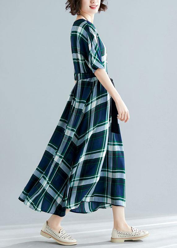 Green Plaid Cotton Tunics Tie Waist Cotton Robes Summer Dress