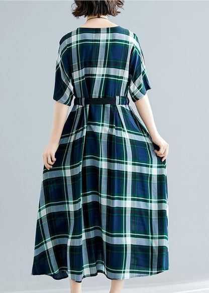 Green Plaid Cotton Tunics Tie Waist Cotton Robes Summer Dress