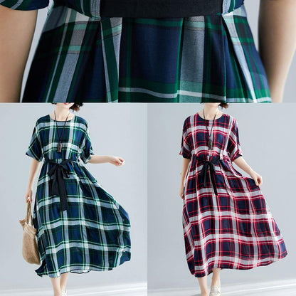 Green Plaid Cotton Tunics Tie Waist Cotton Robes Summer Dress