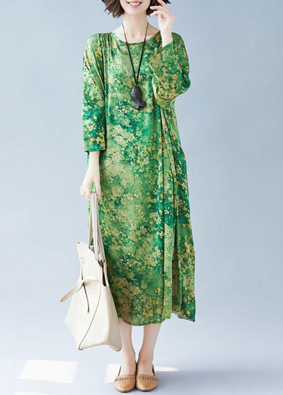 Green Print Long Dress O Neck Maxi Summer Dresses