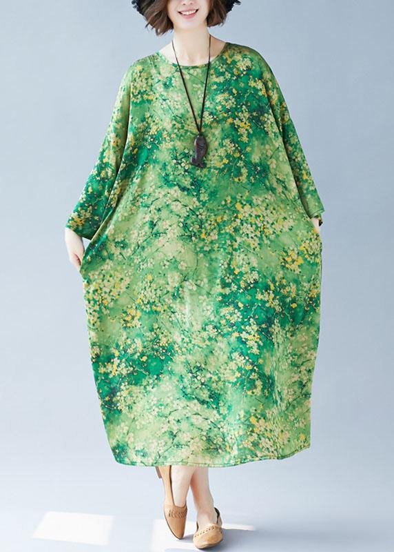 Green Print Long Dress O Neck Maxi Summer Dresses