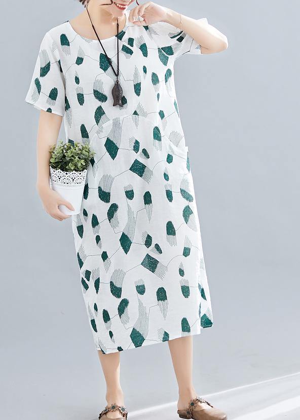 Green Print Linen Cotton Robes O Neck Pockets Long Summer Dress