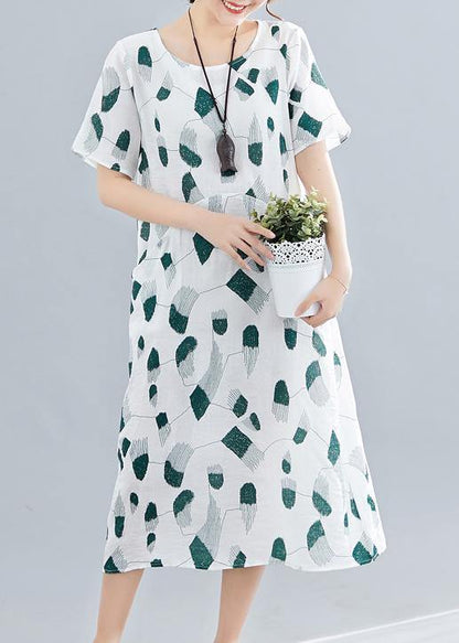 Green Print Linen Cotton Robes O Neck Pockets Long Summer Dress