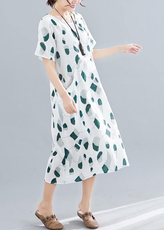 Green Print Linen Cotton Robes O Neck Pockets Long Summer Dress