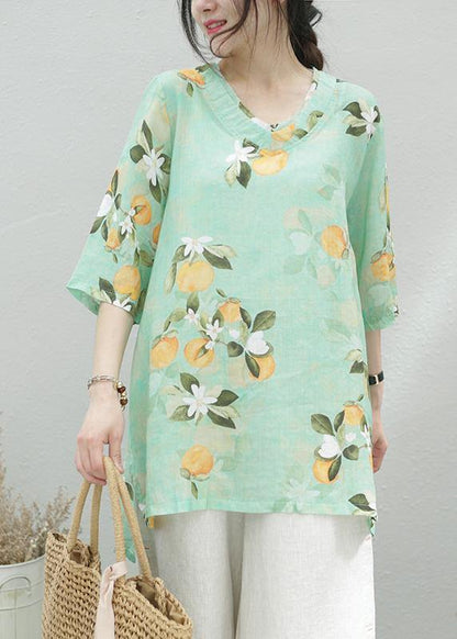 Green Print Linen Tunic Top O Neck Half Sleeve Oversized Summer Shirt