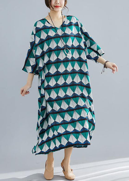 Green Prints Cotton Tunic Catwalk Bracelet Sleeved Long Summer Dresses