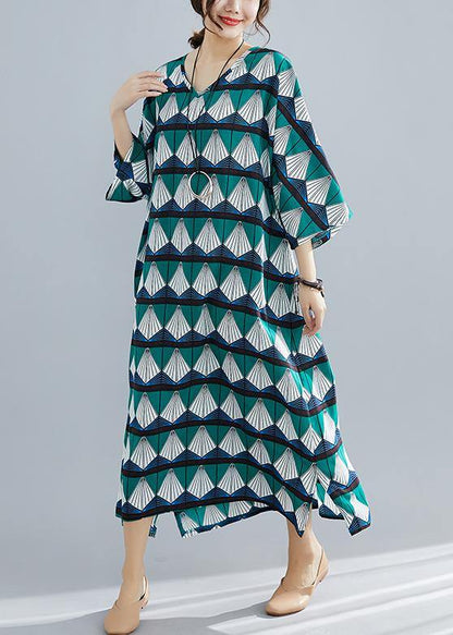 Green Prints Cotton Tunic Catwalk Bracelet Sleeved Long Summer Dresses
