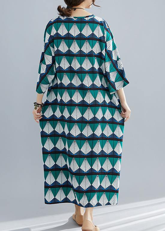 Green Prints Cotton Tunic Catwalk Bracelet Sleeved Long Summer Dresses